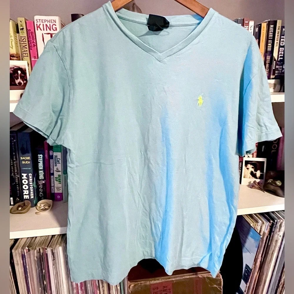 Polo Ralph Lauren Men’s Light Blue Small V-Neck T-Shirt Cotton Yellow Pony Logo